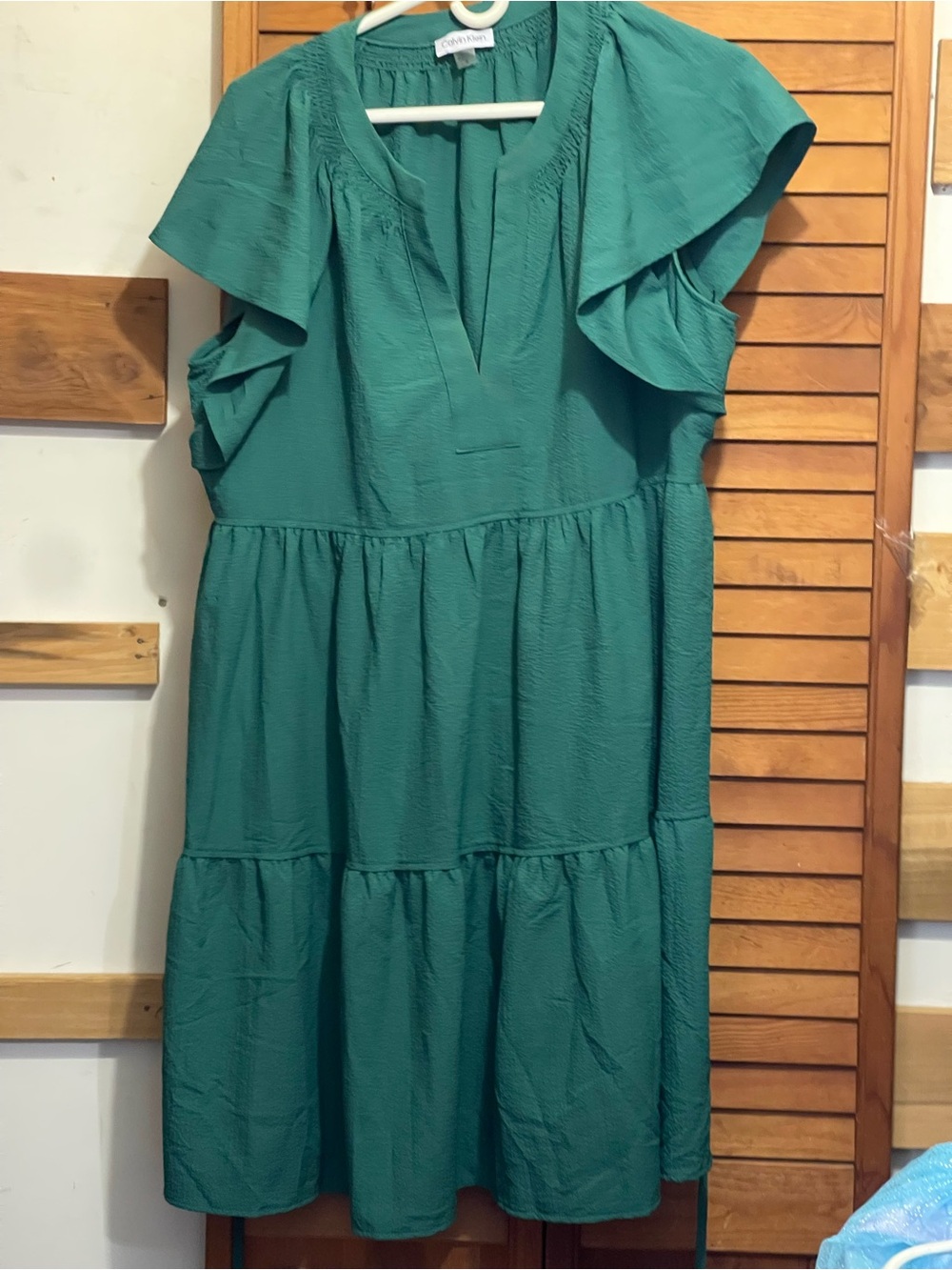 Calvin Klein Teal Tiered Midi Dress with Ruffle Sleeves